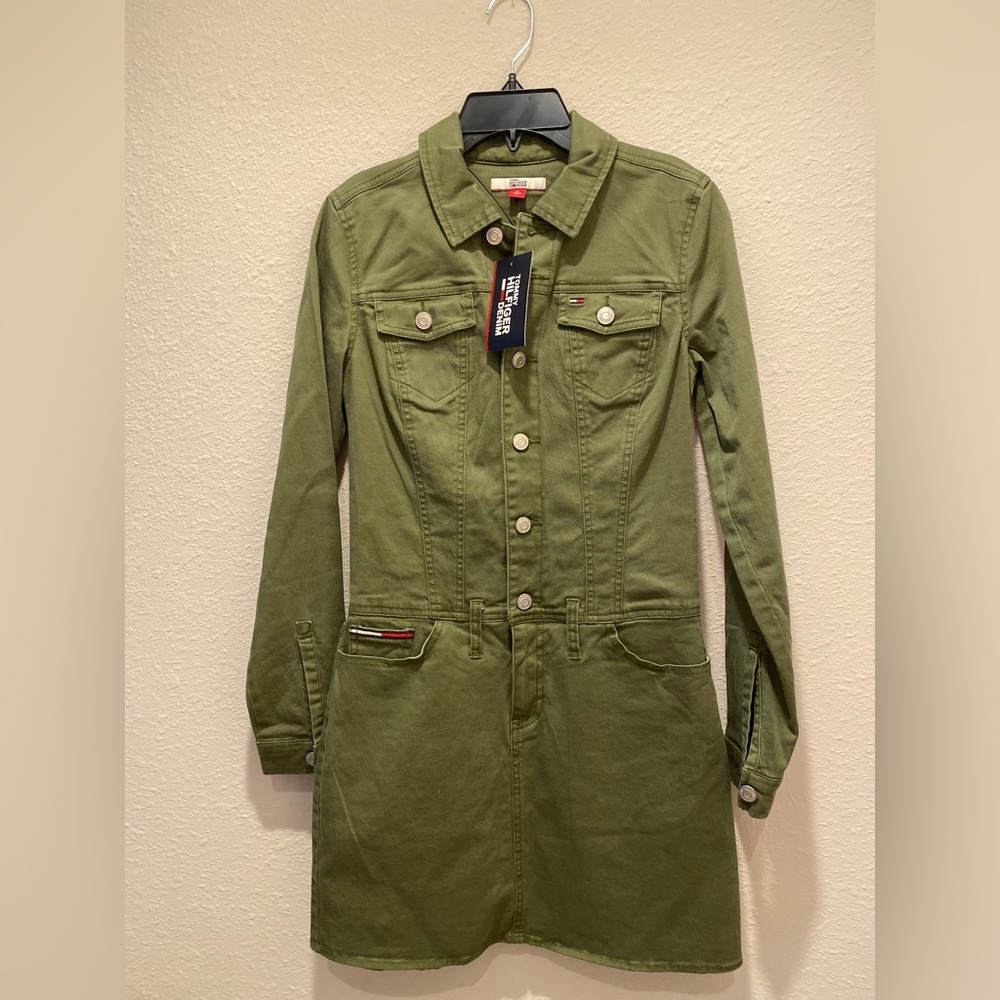 Tommy Hilfiger Green Denim Dress Collar Pockets Long sleeve